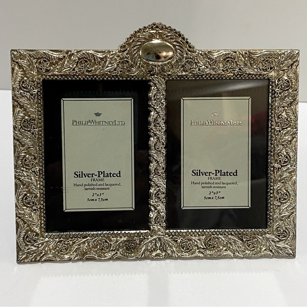 Philip Whitney Silver Plated Double Picture Frame 2"x3" Photos Ornate Floral